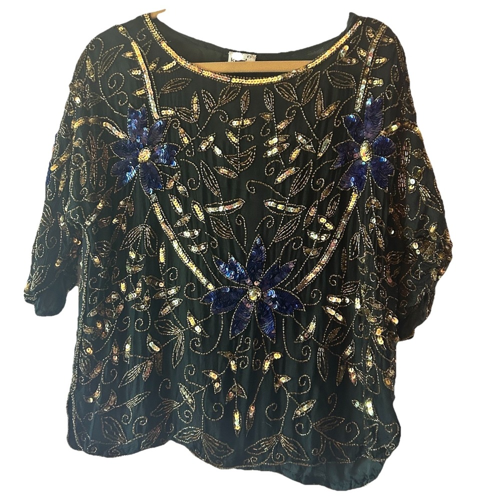 Vtg Royal XL Black 100% PURE SILK 3/4 Slv Gold Blue Accents Beaded Women's Top
